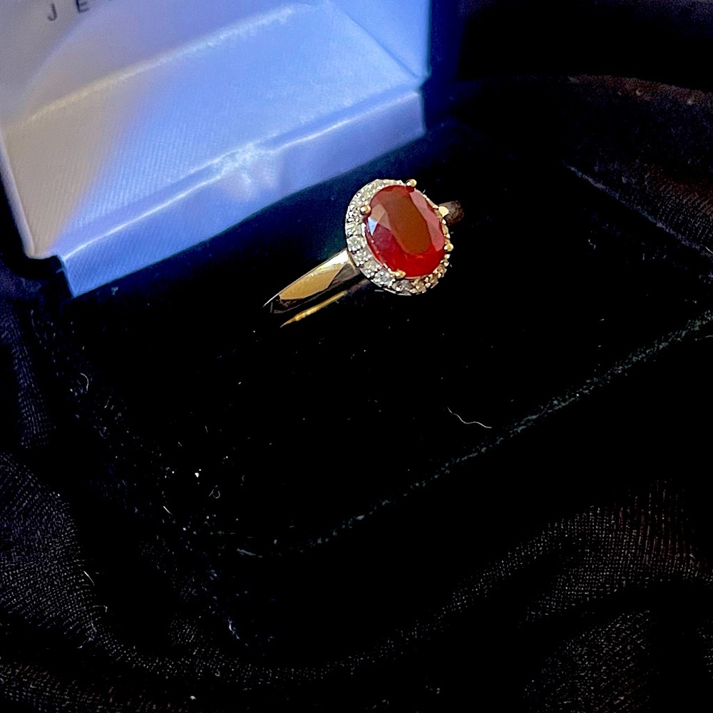 14K Red Fire Opal Ring w/ Diamond Halo
